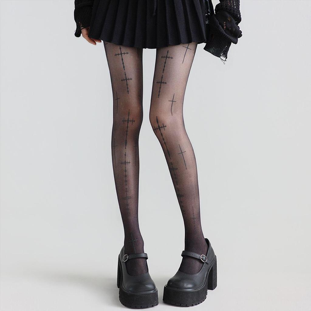Neue Schwarze Strumpfhosen mit Gothic-Kreuz-Print für Mädchen Modische Leggings Strumpf Socke Damen Herbst Frühling Tägliche Kleidung Dunkle Strumpfhose