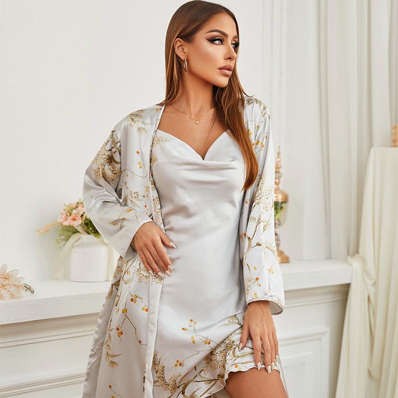 Women's Four Seasons Robe Pyjamas Set Nightdress Two-piece Set Gown Thin Style Outer Wear Medium Long Style Sleepwear Shawls