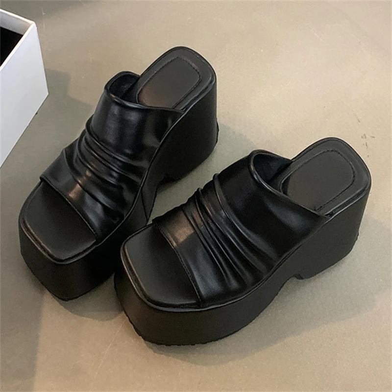 

Модные летние шлепанцы большого размера с плиссированным квадратным носком, женская обувь в стиле панк на платформе, с толстой подошвой и каблуками, обувь для женщин Zapatos Mujer 43 чёрный