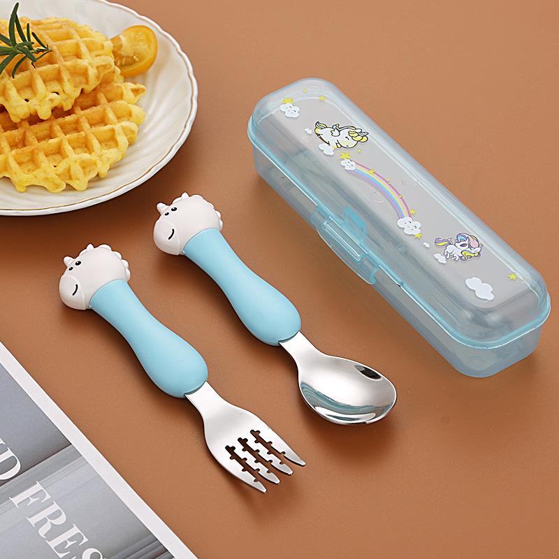 304 Stainless Steel Baby Tableware Set - Includes Spoon, Fork, Anti-Fall Cute Cartoon Chopsticks for Kids