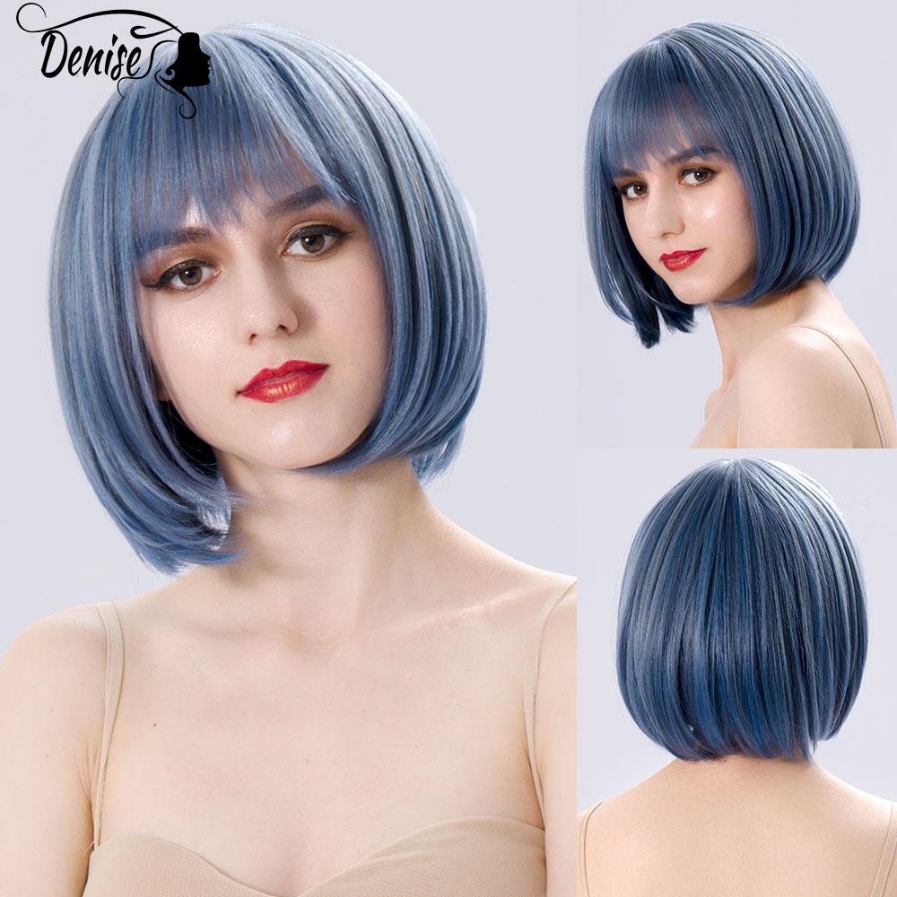 Bob Wig Straight Short Black To Blue Ombre Daily Synthetic Wigs For Women With Bangs Nutural  Heat Resistant Fiber Cosplay Hair