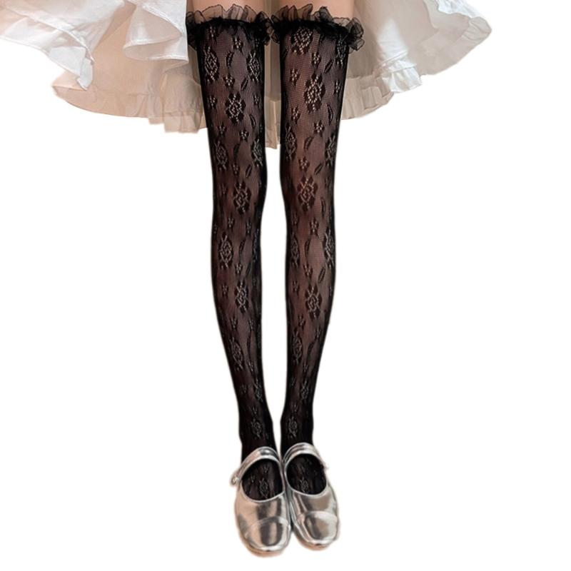 Japanese Fishnet Mesh Thigh High Stockings for Women Girl Flower Pattern Ruffle Lace Trim Frilly Over Knee Long Socks