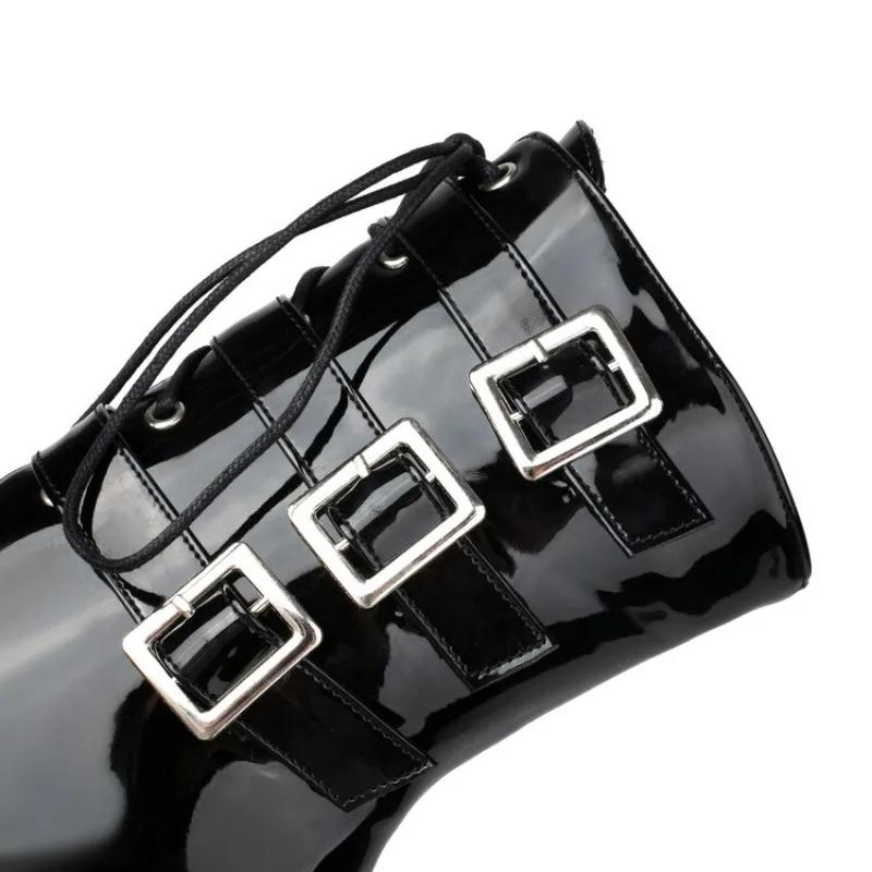 Mode Neue Kreuzriemen Gürtelschnalle Gold Silber Mid-Calf Stiefel Herbst Winter Wasserdicht Plateau Reißverschluss Sexy Damen Kurze Stiefel Größe 47