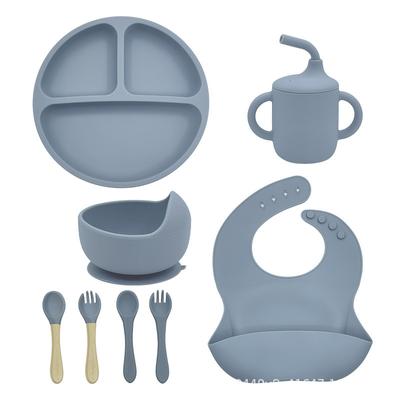 Silicone Tableware 8-piece Set Baby Food Bowl Suction Cup Separator Plate Children Bib Cup