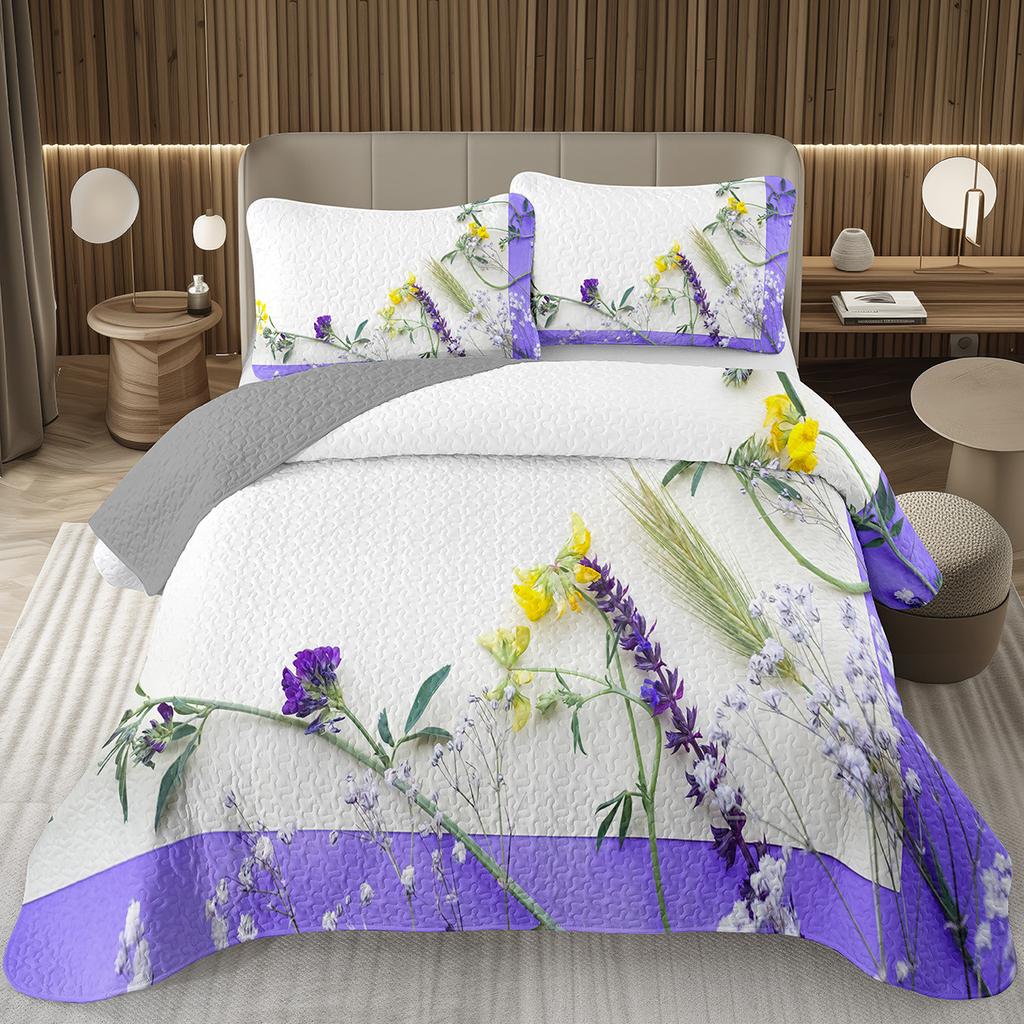 Spring Garden Flower Bedspread for Girls Teen Botanical Floral Coverlet Twin Queen Quilt Set Reversible Grey Quilted Bedding Set