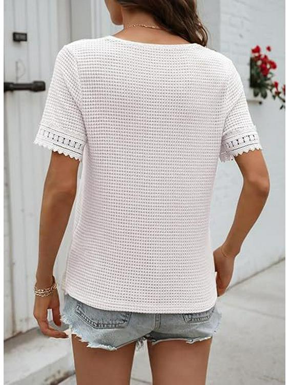 2026 Women's Casual V-neck Short-Sleeved Waffle Knit Top with Lace Patchwork