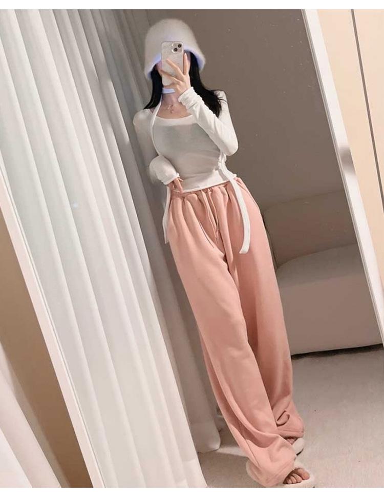 Korean Dongdaemun U-Neck Ribbon Slimming Long-Sleeve T-Shirt for Women - Sexy & Versatile