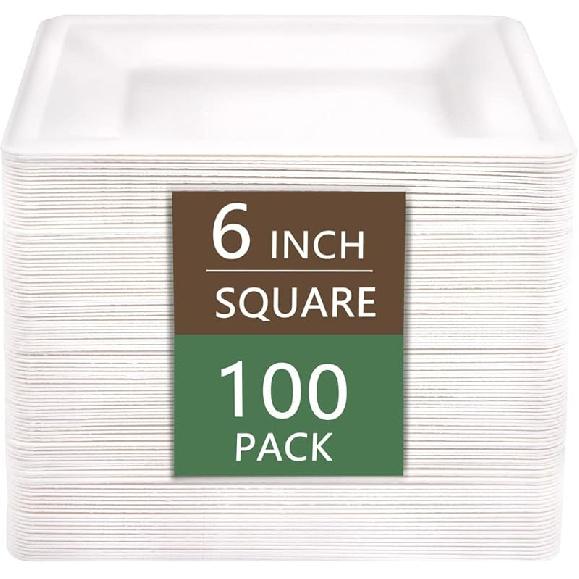 Nervure 100 Pack Compostable Paper Plates - 6 Inch White Square Biodegradable Plates Heavy Duty Nature-Made by 100% Sugar Cane Fibers, Microwave Hot 6inch