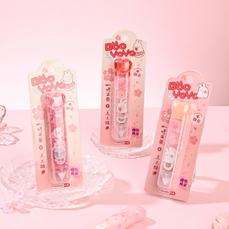 1pcs BuYoYO Correction Tape Glue Tape 2 In 1, Kawaii Rabbit Cherry Blossom Double Sided Design