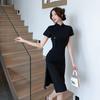 Neue Chinesische-stil verbesserte cheongsam frauen high-end-retro sommer schwarz split-ended hüfte rock, nationalen stil fransen schnalle kleid