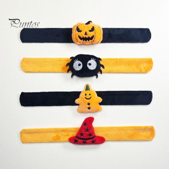 Stuffed Animal Wrist Toy 2 Pcs Halloween Slap Bracelets, Plush Pumpkin, Bat, Ghost, Black Cat Soft Portable Festive Armband Bands for Kids,