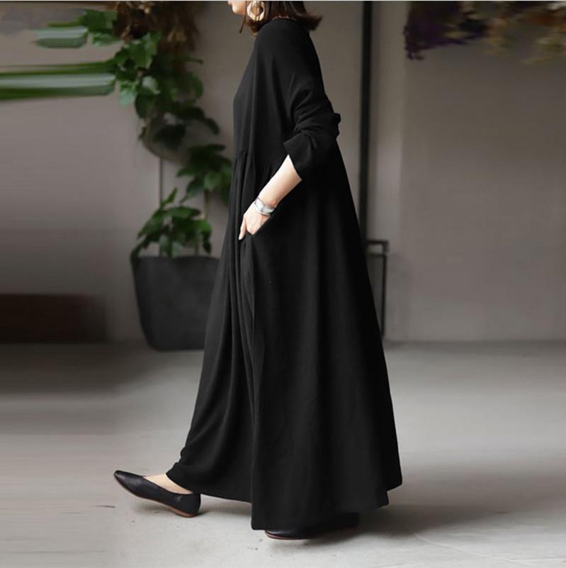 Spring Autumn Women's Vintage Solid Long Dress Women's Sundress  Casual Long Sleeve Pleated Vestidos Retro Long Loose Dress