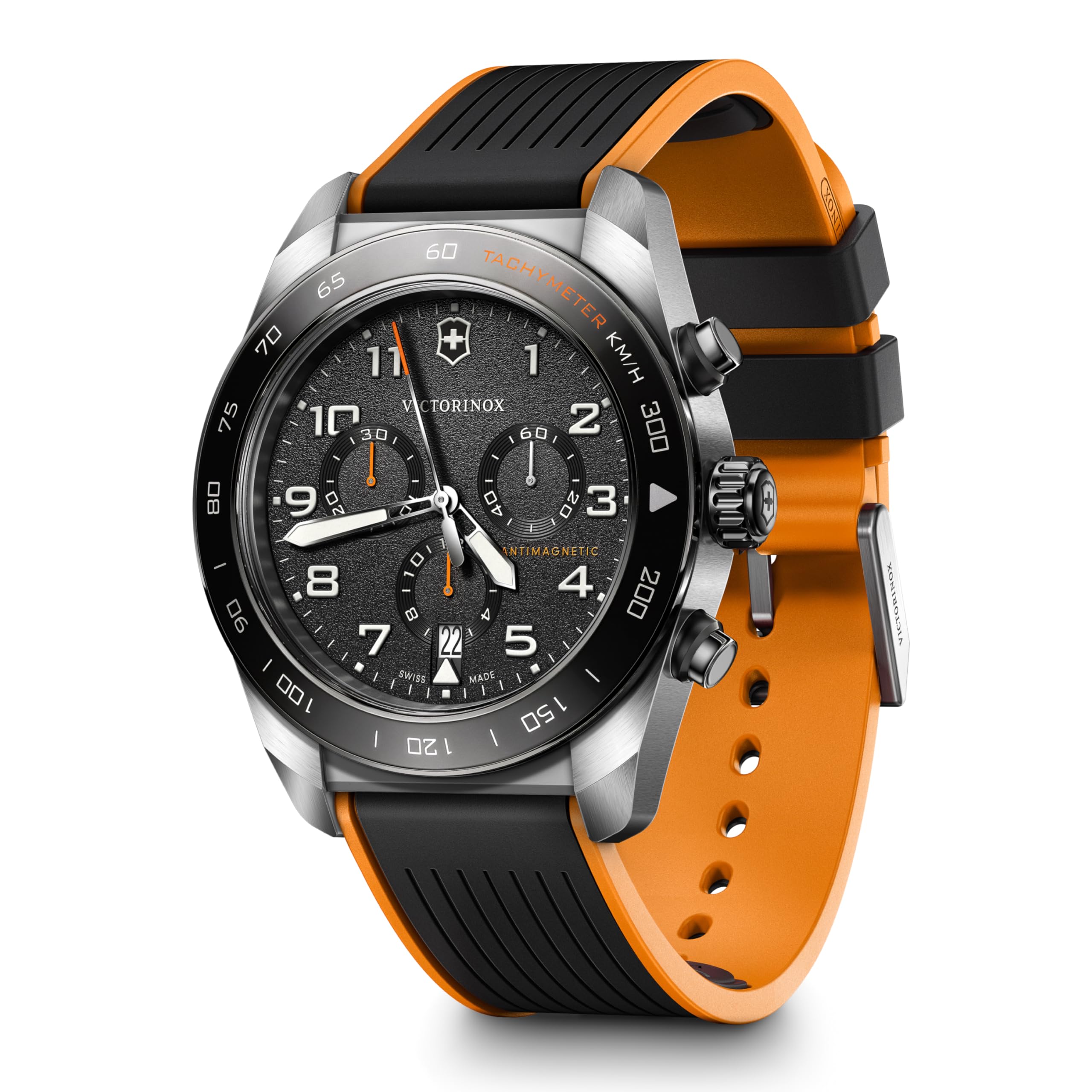 

VICTORINOX SWISS ARMY Watch Chronograph Analog Waterproof Quartz Black Dial Orange Rubber Strap Stainless Steel Case Strap Replacement 5 Year Warranty