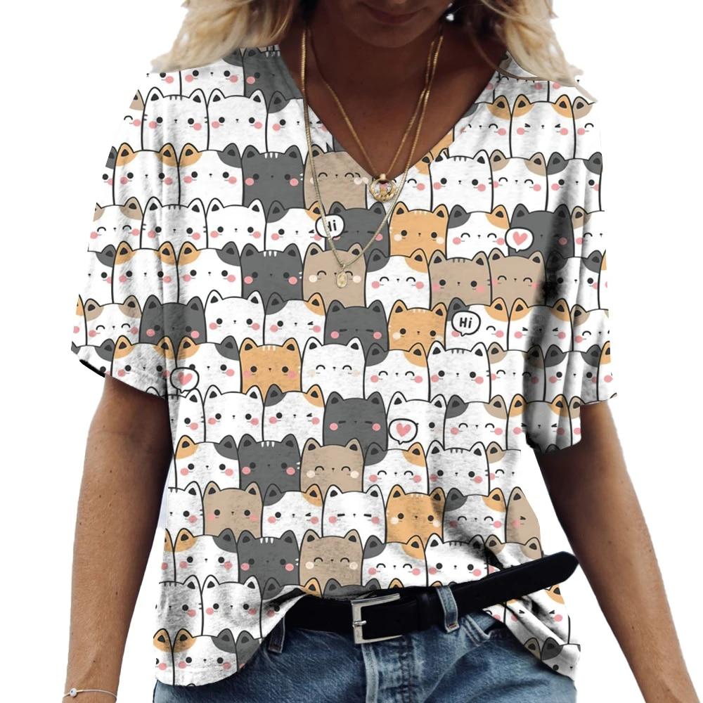 Camiseta de Mujer Gatito Anime Pintura Estampado Chica Ropa Blusa Cuello en V Harajuku Jersey Tops Verano Oversize Manga Corta Camisetas