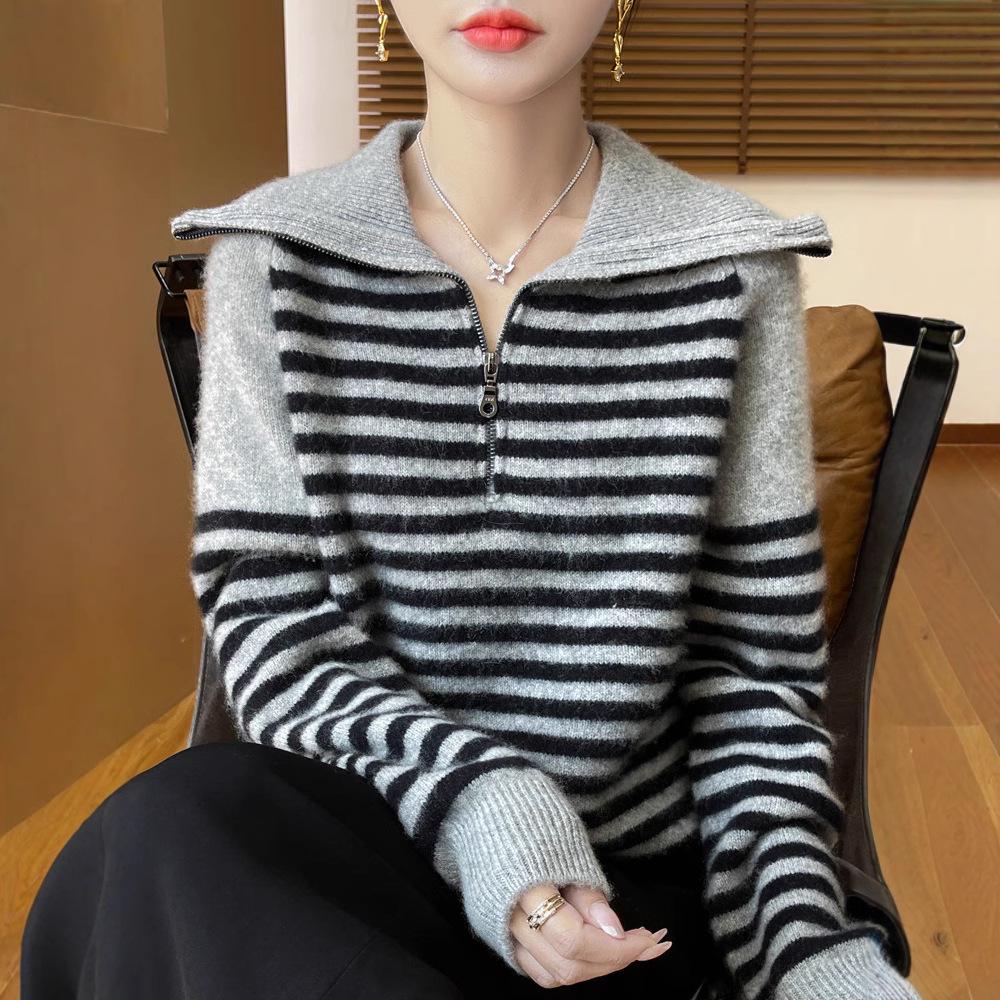 

Women s Wool Striped Colorblock Half-Zip Turtleneck Sweater for Autumn/Winter L for 115-130 lbs