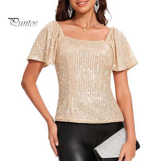

Женские топы с квадратным воротником, буфами и короткими рукавами, топы с пайетками, блестящие блузки для вечеринок, вечерние топы XXL абрикосовый