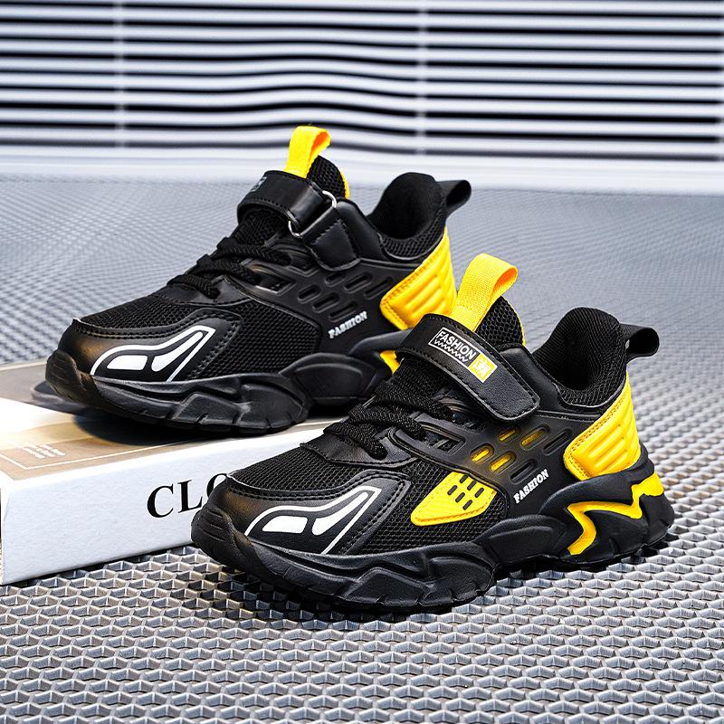 Children's Sports Shoes 2025 New Spring and Autumn Running Shoes Double Mesh Leather Surface Breathable Middle and Older Children's Fashion Velcro N