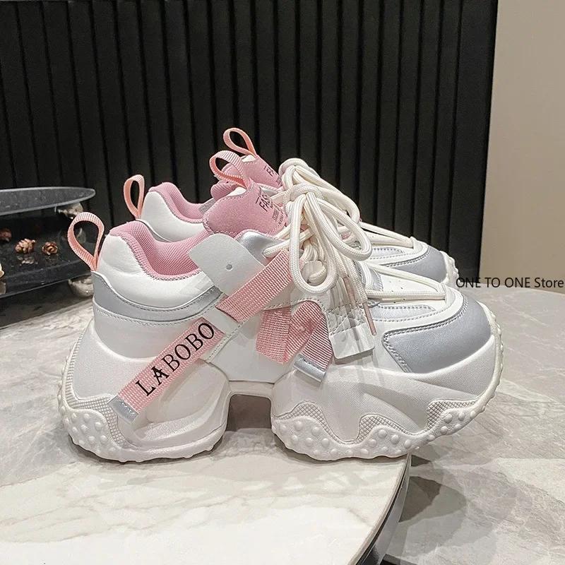 Fashion 35-43 Women's Chunky Sneakers 2024 Breathable Mesh Platform Sports Shoes Woman Fashion Lace Up Thick Sole Casual Shoes Mujer