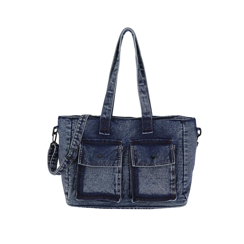 Denim Tote Bag for Women – Vintage Bag with Front Pockets & Adjustable Shoulder Strap – Perfect for Casual & Daily Use