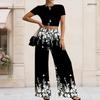 Damen Große Größen Rundhals Kurzarm Bedrucktes Crop Top Schwarz Gold Silber Weit Bein Hosen Zweiteiliges Set