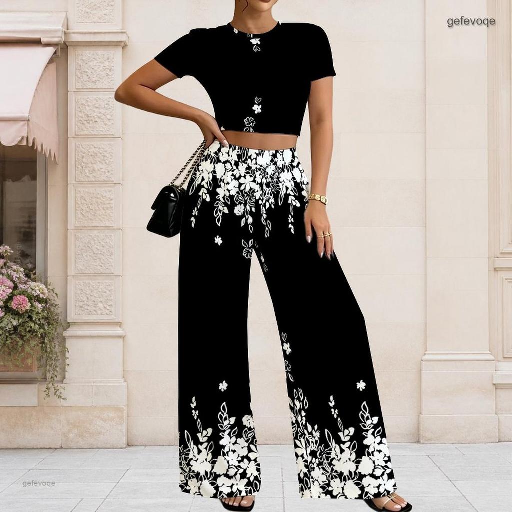 Damen Große Größen Rundhals Kurzarm Bedrucktes Crop Top Schwarz Gold Silber Weit Bein Hosen Zweiteiliges Set