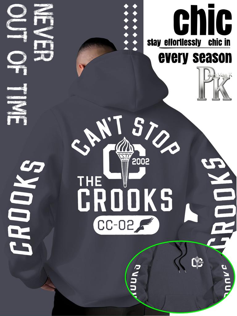 Fall/Winter Style Casual Streetwear Men's Hooded Sweatshirt, Featuring "CROOKS Letters + Torch Logo + CC-02 Logo" Print