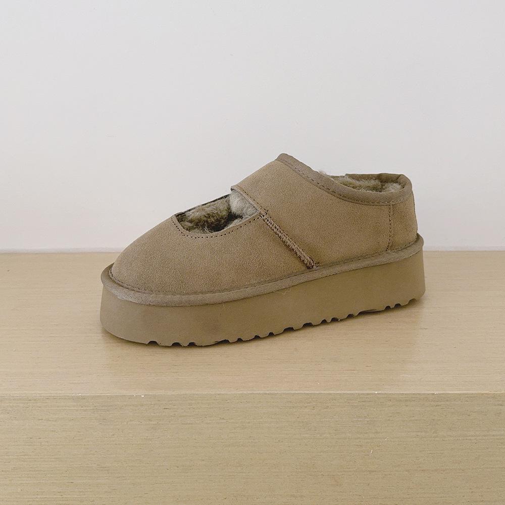 Cowhide Velvet-Lined Women's Winter Mary Janes with Thick Soles