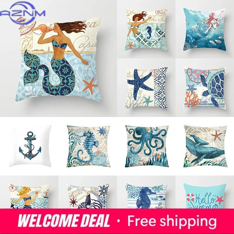 Mermaid Sea Ghost Seahorse Octopus Print Pillowcase Ocean Theme Pillowcase Living Room Sofa Cushion Cover Room Home Decoration