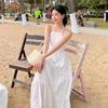 Beautiful Sanya seaside photo skirt temperament white neck sling backless dress long holiday beach dress
