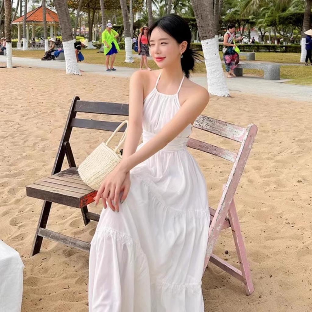 Beautiful Sanya seaside photo skirt temperament white neck sling backless dress long holiday beach dress