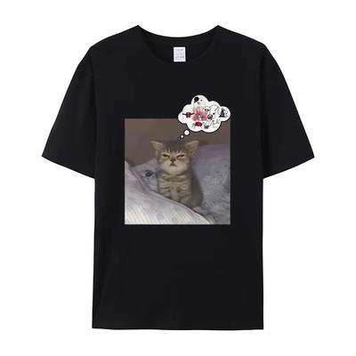 2026 New Fun Creative Cat Cat Thinking Things Graphic Print High Quality Women Short Sleeve Crew Neck Comfortable Loose TShirt