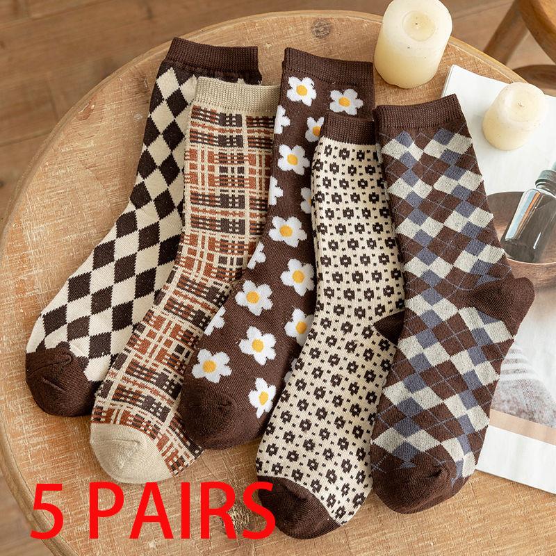 

5 пар женских зимних носков, модные утолщенные теплые носки, ретро клетка, средней длины, носки для девочек ONE SIZE