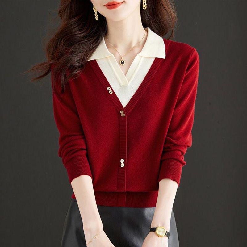 Fake Two Piece Long Sleeved Pullover Shirt Mom Autumn Outfit Polo Collar Knitted Sweater Women's Lapel Sweater Base Shirt