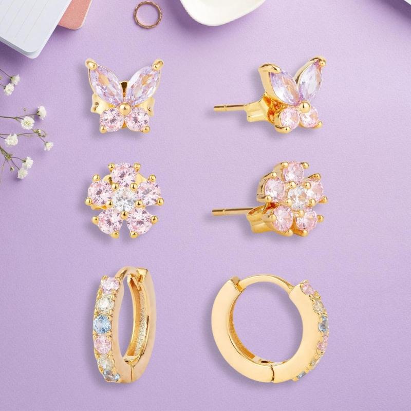 6PCS Stainless Steel Zircon Flower Pendant Hoop Earrings Set for Women Simple Butterfly Cartilage Earring Piercing Jewelry