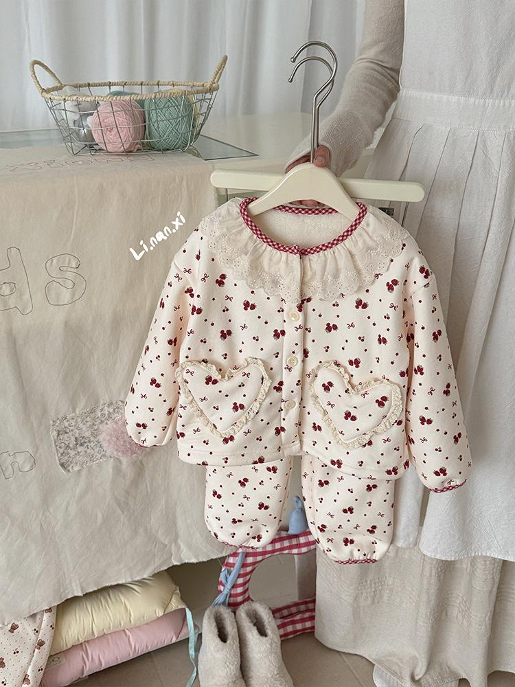 

Зимний пижамный комплект для девочек - Новый стиль 2025, на флисовой подкладке, Удобная милая кружевная домашняя одежда 90 cm