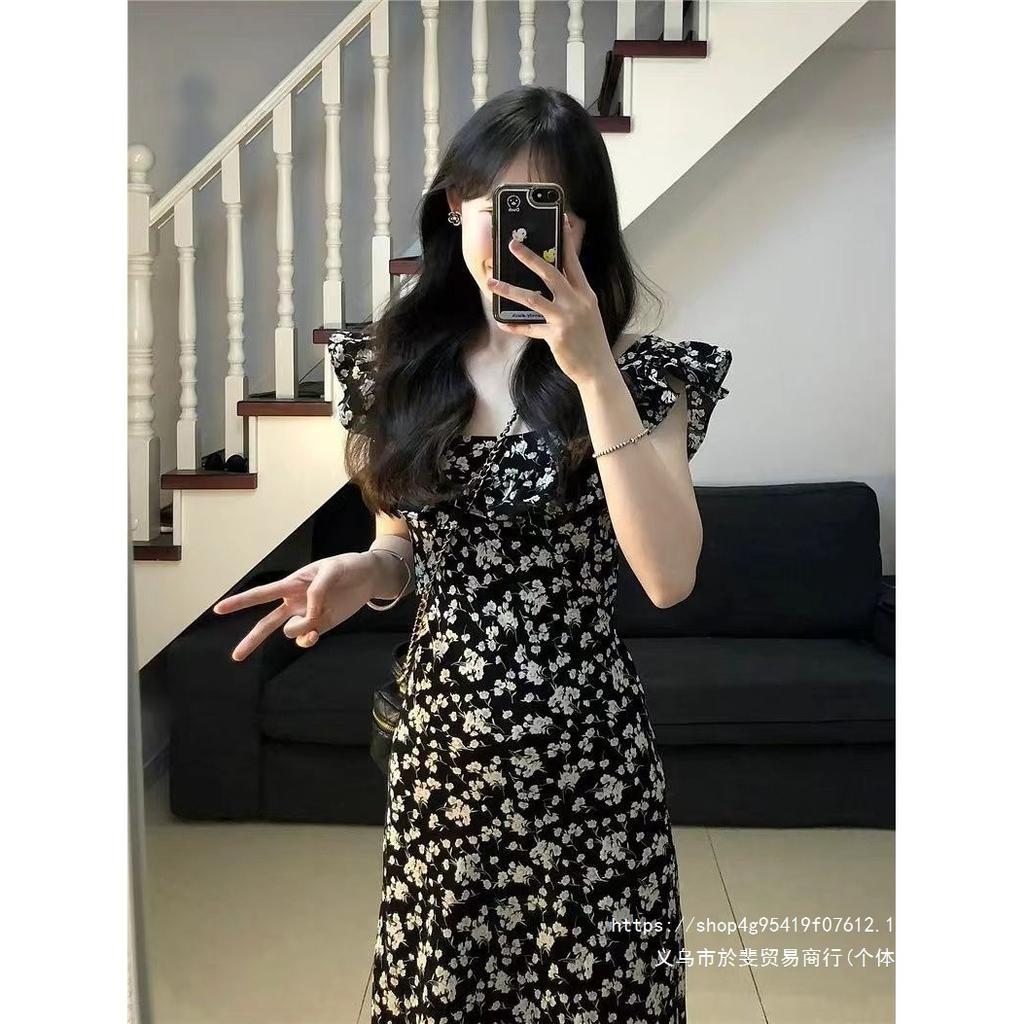 Coffee Break French Hepburn Style Black Floral Dress Children's Summer New Temperament Waist Long Dress Advanced
