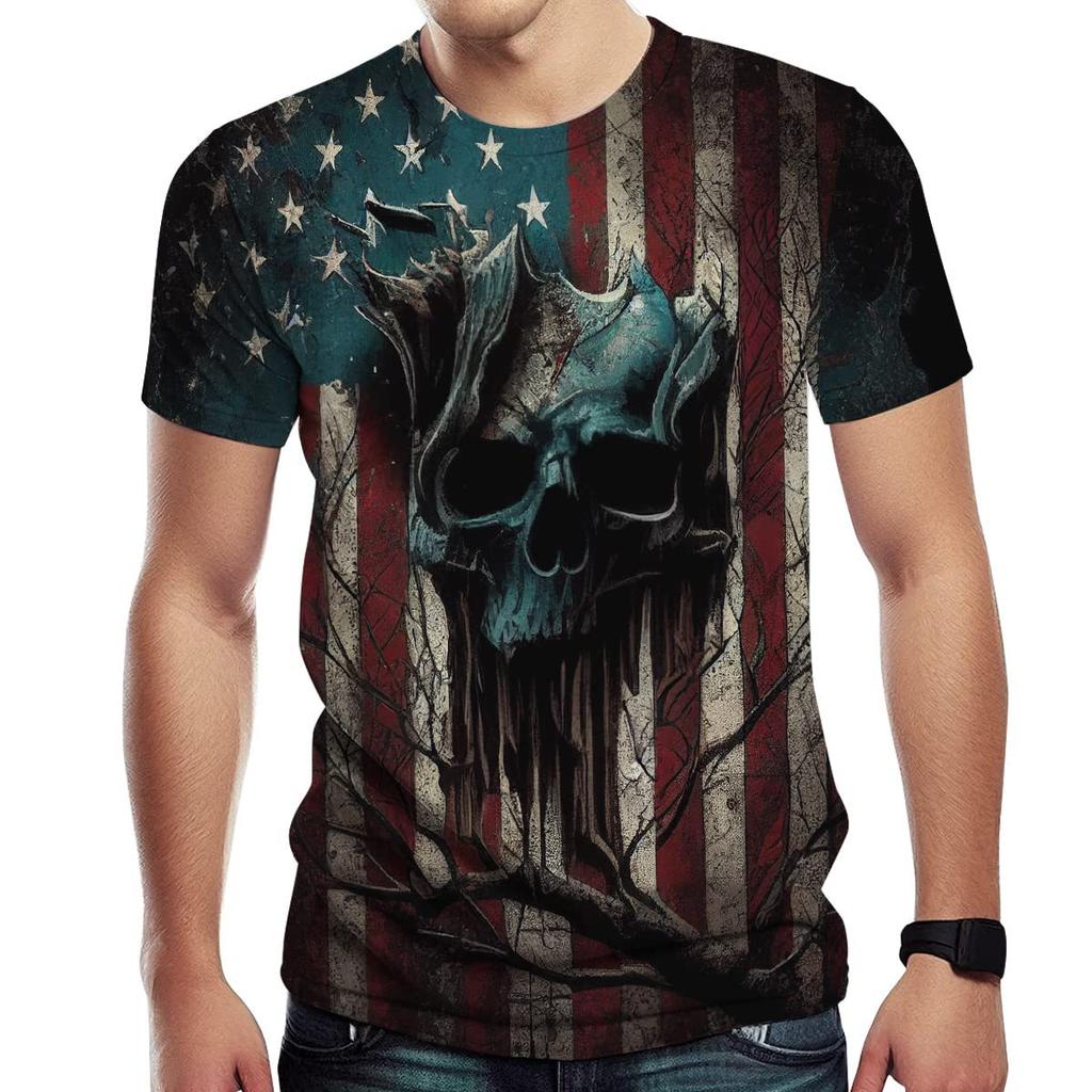 Summer Round Neck 3D American Flag Skull Graphic Print Top Fashionable Casual Short Sleeved Men's T-shirts