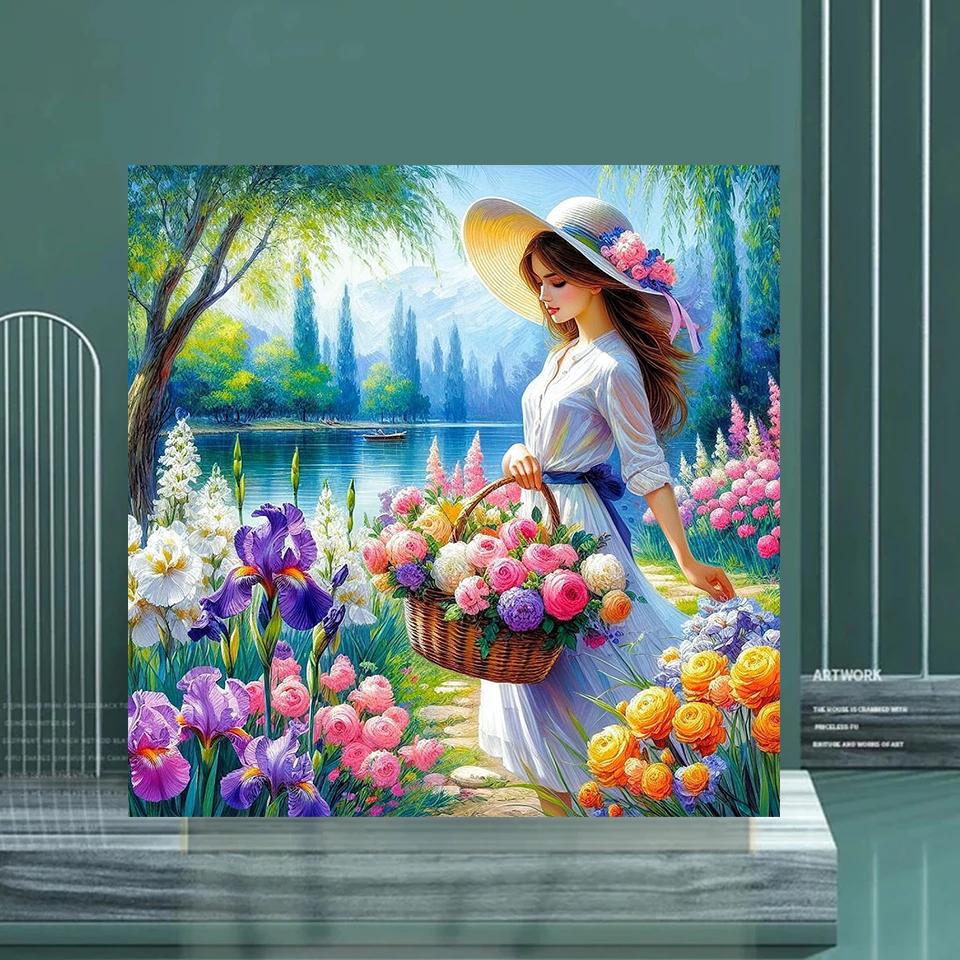 5D DIY Cartoon Square Diamond Painting Kit Woman And Flower Cross Embroidery Handmade Renovation Mosaic Art Gift 2024 New