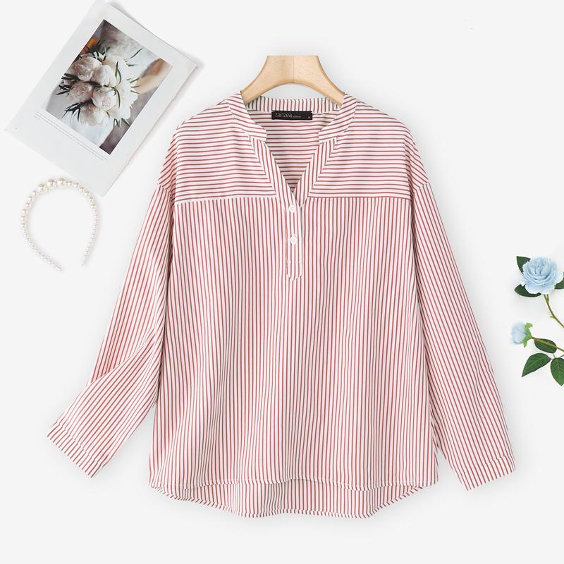 ZANZEA Blouse Décontractée Femme Col V Ample Manches Longues Rayures