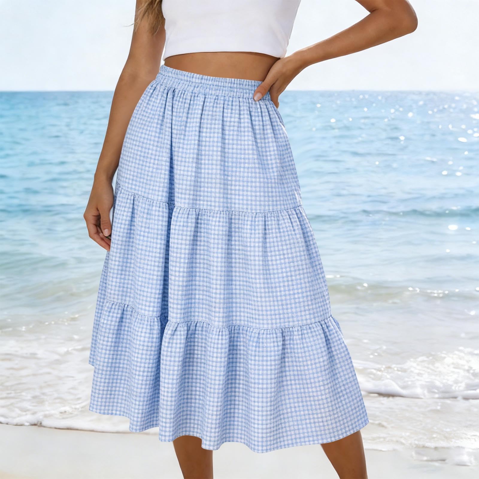 Women’s Casual Loose Fit Summer Midi Skirt Elastic Waist Tiered Gingham Pattern Lightweight Flowy Skirt for Daily Wear S