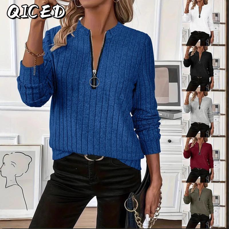QICED Women's Fashion Casual Solid Color Print Long Sleeve Blouses & Shirts