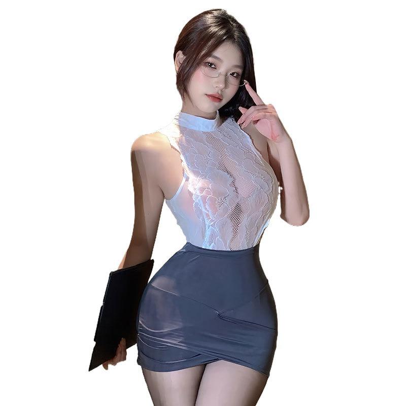 Sexy erotic underwear pure desire style secretary hip skirt lace perspective erotic suit sleeveless flirting