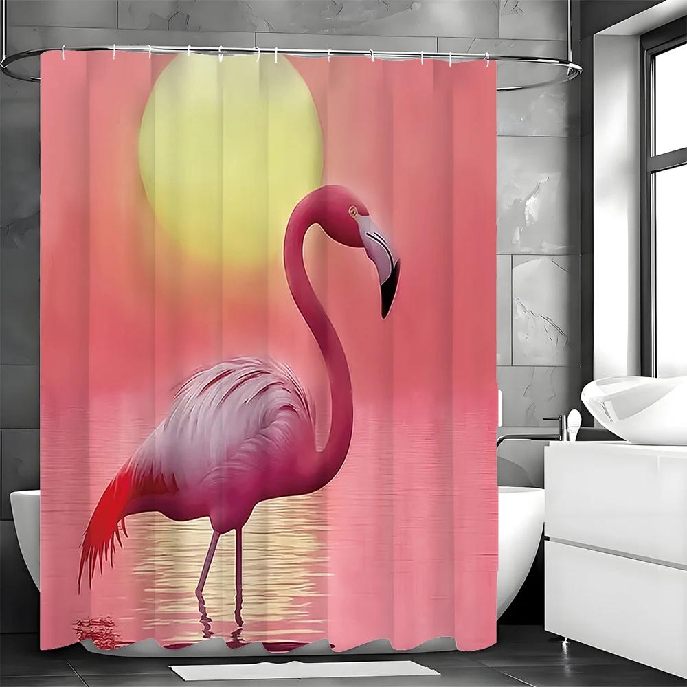 Sunset Sunrise Flamingo Shower Curtain, Bathroom Decorative Shower Curtain, Waterproof Shower Curtain With Hooks