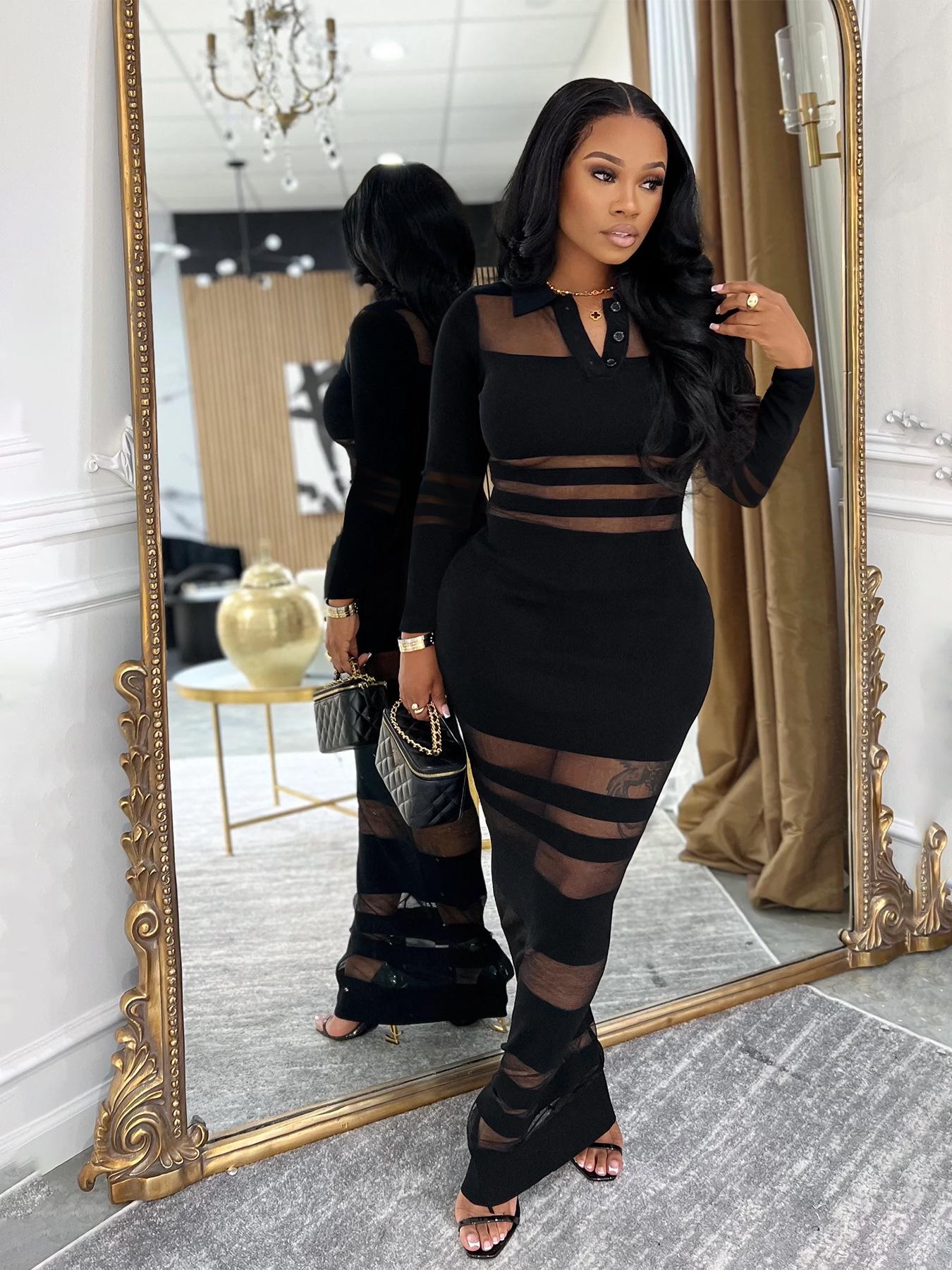 

TW823 European and American Women s High-End Mesh Splicing Slim-Fit Waist-Cinched Long Dress for Autumn and Winter XXL чёрный