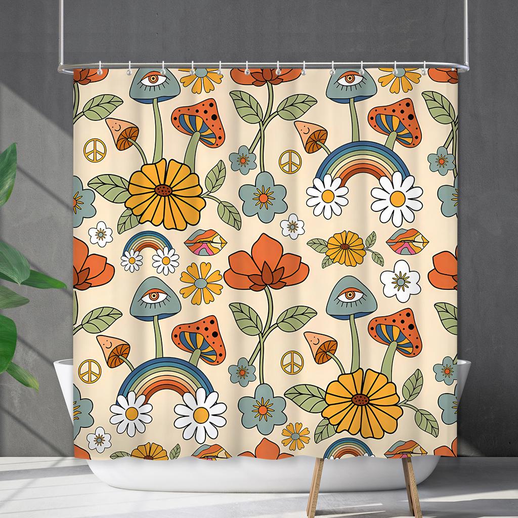 Bathroom Waterproof Curtain Digital Printing Plant Mushroom Shower Curtain Non-Punching Toilet Partition Curtain Shower Cloth