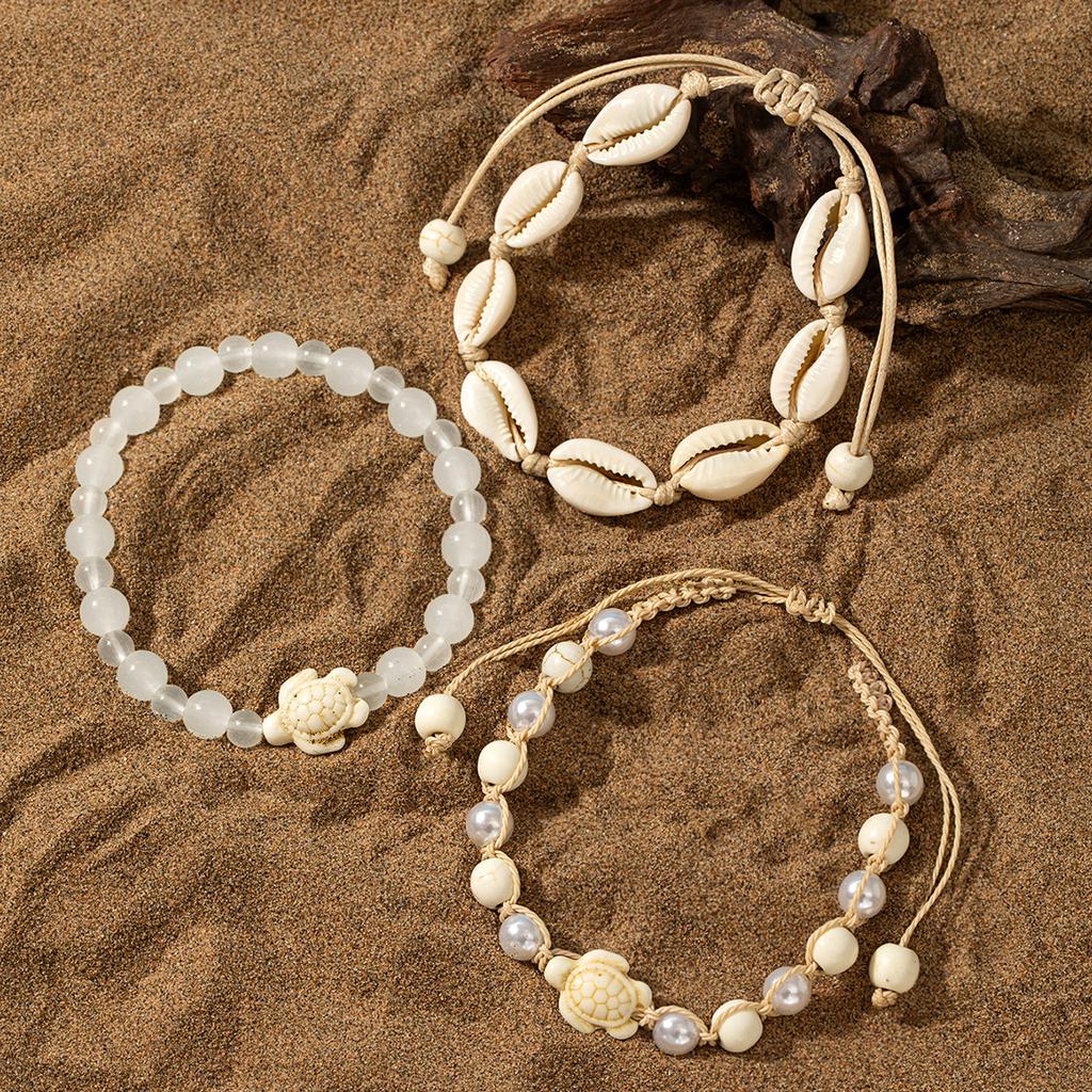 Bohemian Style Shell & Turtle Anklet Set for Women, 3-Piece Stackable Pearl Beaded Anklets
