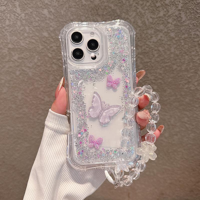 

Three-in-one Glitter Glue Butterfly Accessories Mobile Phone Case for IP16PROMAX with Bracelet For iPhone 16 Pro Max 6.9