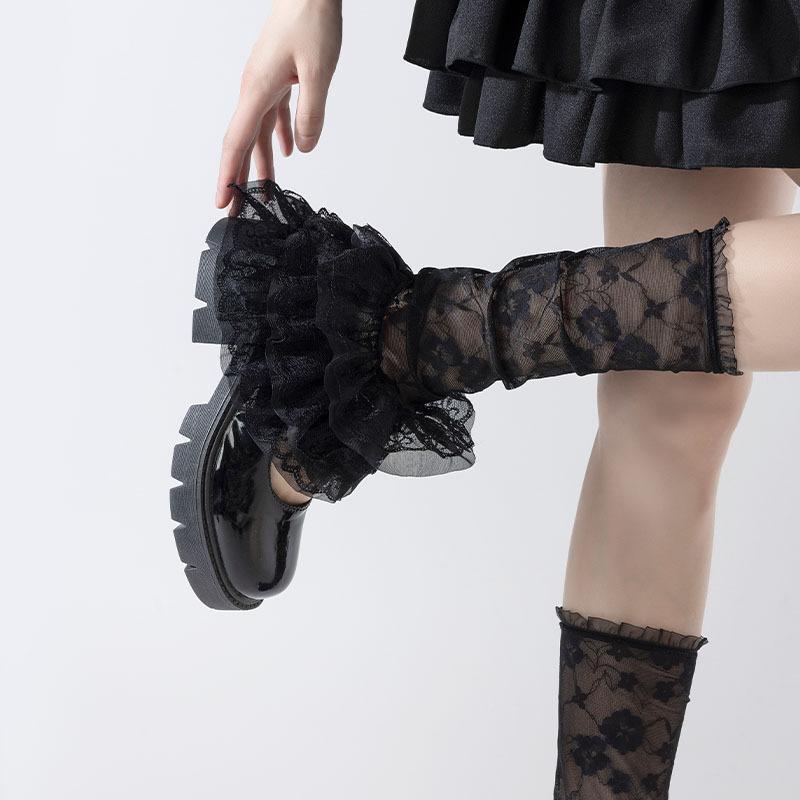Lolita White Stockings Summer Retro Layered Ruffles Women Foot Cover Breathable Thin Mesh Lace Leg Warmers Sweet JK Socks