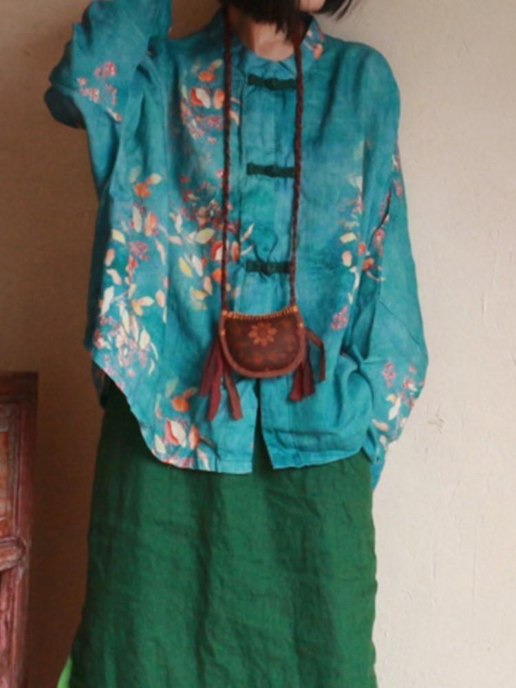 Chinese Style Vintage Print Green Blouse Women Long Sleeve Button Shirt Tops Spring Stand Collar Johnature