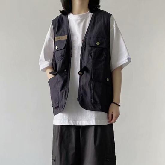 Unisex ležérní vesta bez rukávů s mnoha kapsami design vesta kabát zip knoflíky zapínání bunda cargo